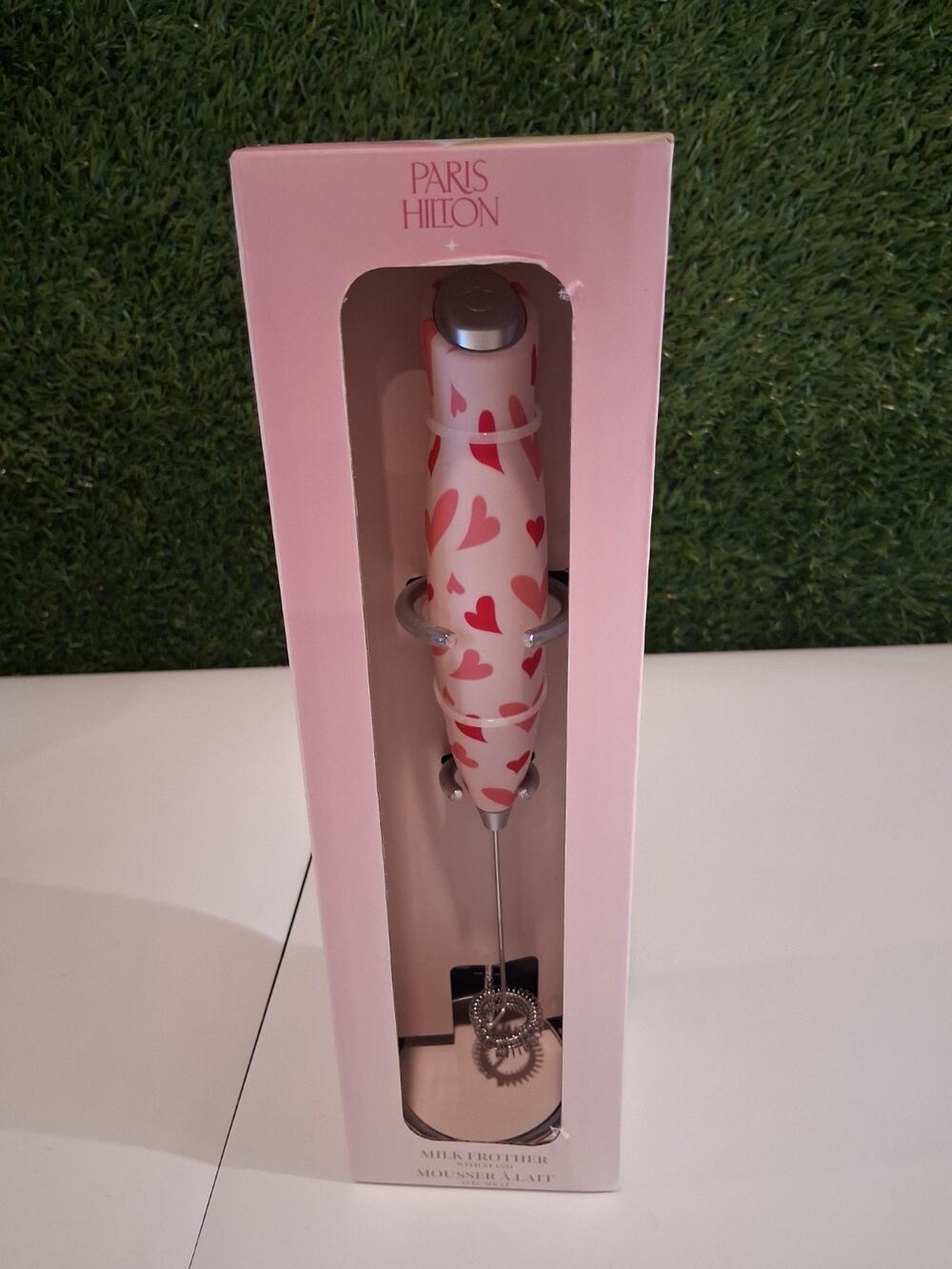 Paris Hilton Milk Frother with Stand Pink Hearts Electric Handheld Coffee Whisk